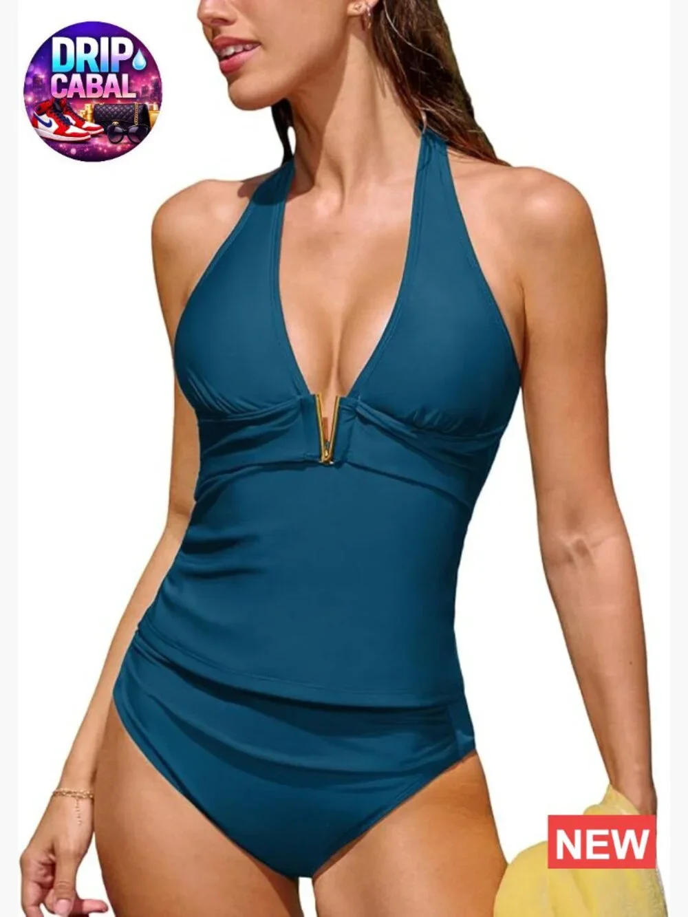 Halter Plunge V-Neck Tankini Set with Removable Soft Cups, High Waist Bottom,